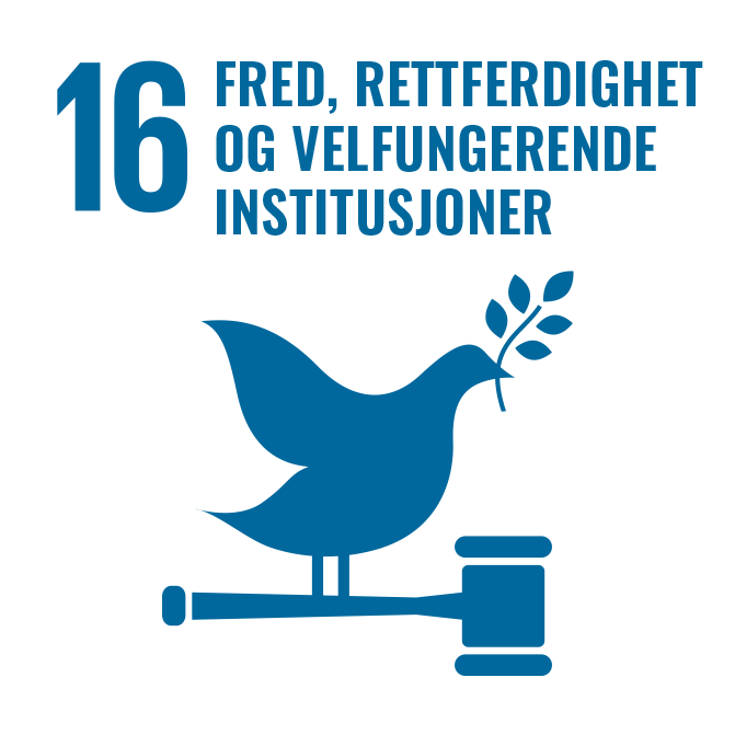 FNs bærekraftsmål nr 16: Fremme fredelige og inkluderende samfunn for å sikre bærekraftig utvikling, sørge for tilgang til rettsvern for alle, og bygge velfungerende, ansvarlige og inkluderende institusjoner på alle nivåer FN sitt bærekraftmål nr. 16